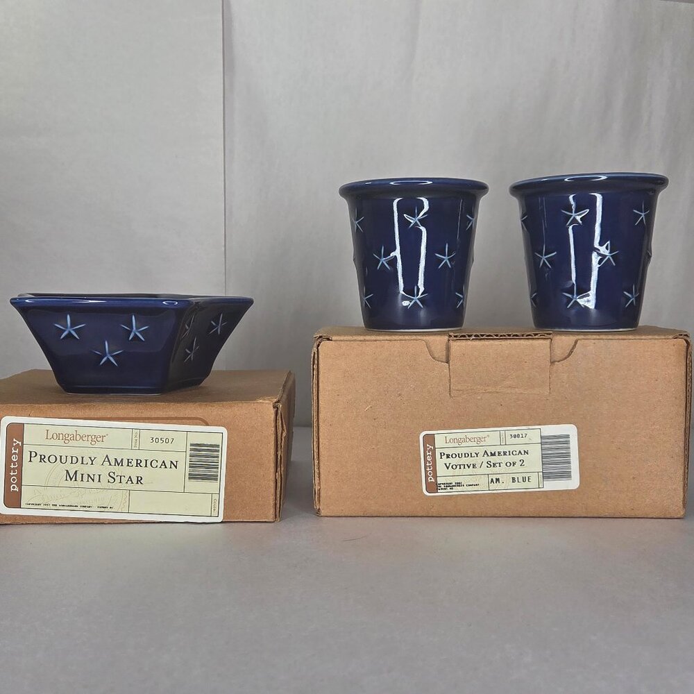 Longaberger Pottery Proudly American Mini Star Dish & 2 Votives Bundle